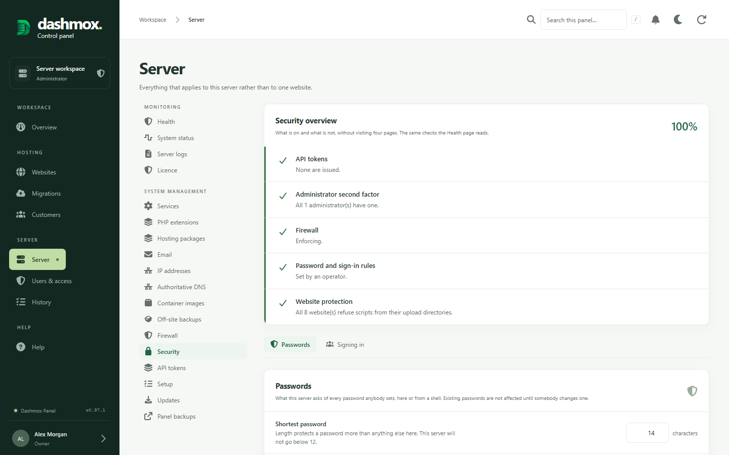 Dashmox's security overview for a server, scoring what is switched on